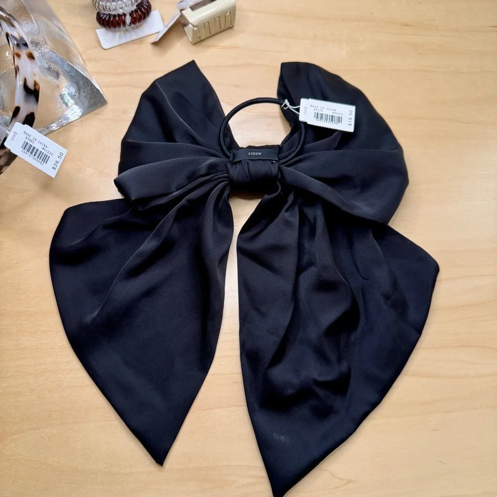 J. Crew Black Satin Hair Bow and Leopard Headband Set